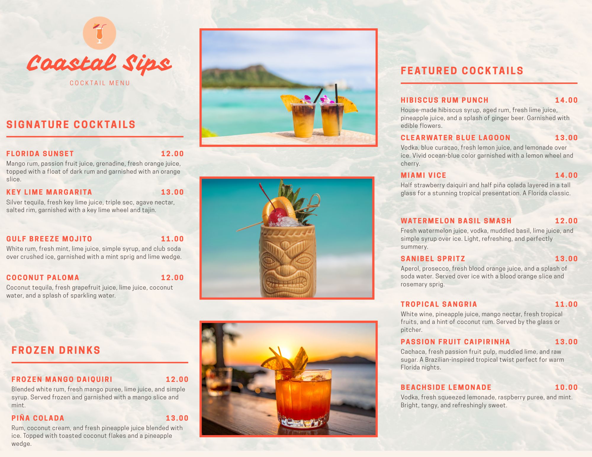 Coastal Sips cocktail menu design
