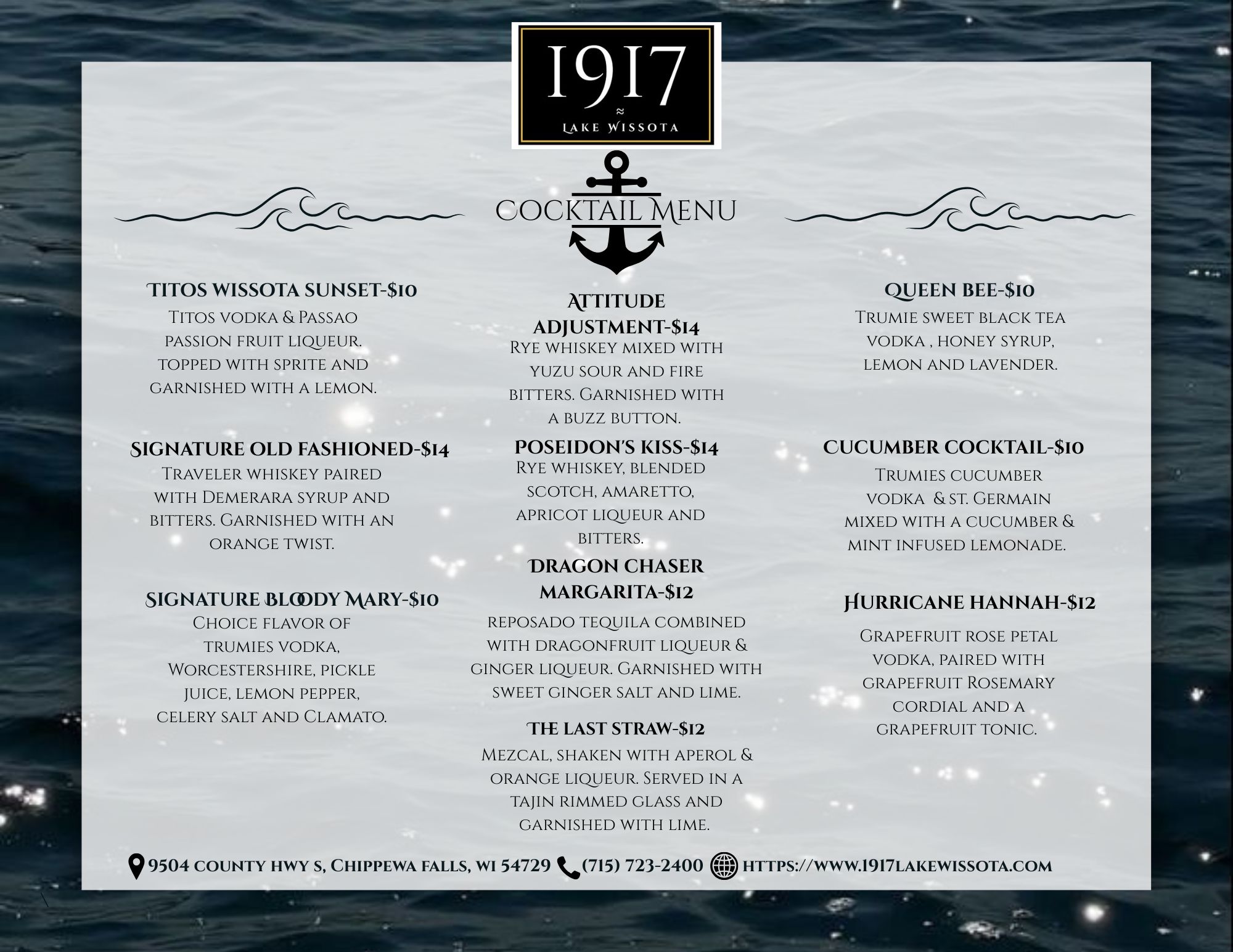 Printed cocktail menu styled with bar tools